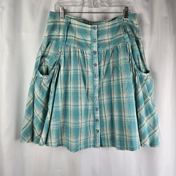 Larry Levine Dresses & Skirts - Larry Levine Metallic Gold Turquoise Button Up Flare Plaid Skirt Pockets Size 12